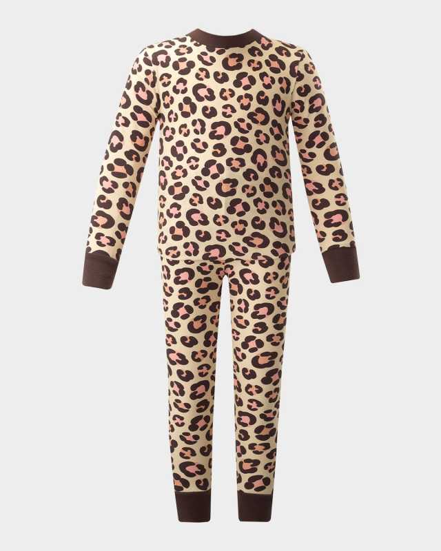 Girl's Leopard-Print Jersey Pajamas, Size 2-10